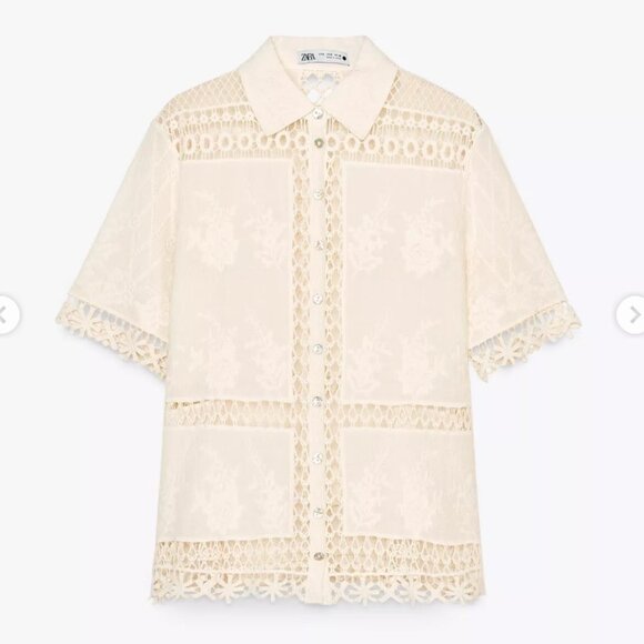 NWT Zara Lace Short Sleeve Bottom Down Shirt Cream S - Picture 2 of 10